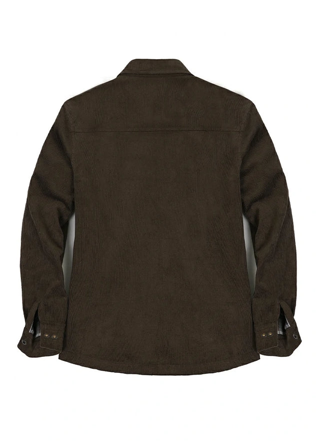 Back view of a dark brown corduroy shirt jacket for women