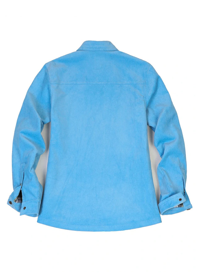 Back view of a women's blue corduroy shirt jacket