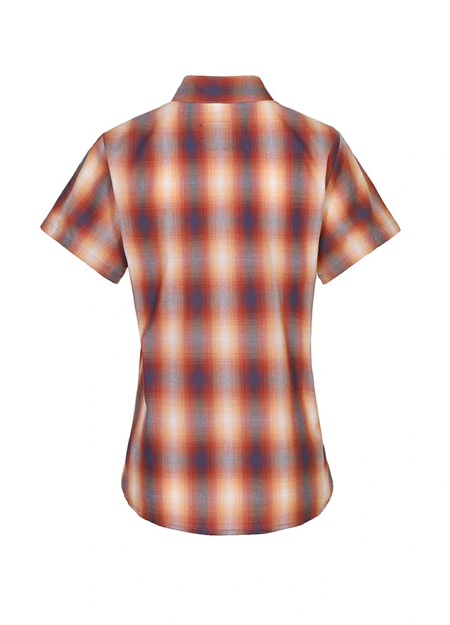 Back view of a women's button up tan plaid short sleeve shirt