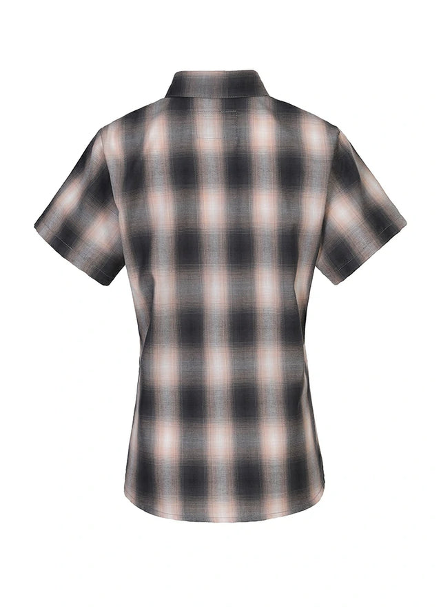Back view of a women's button up pink grey plaid short sleeve shirt