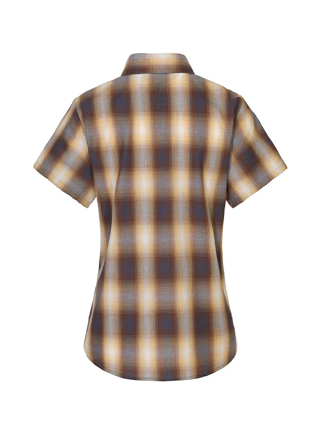 Back view of a women's button up yellow navy plaid short sleeve shirt