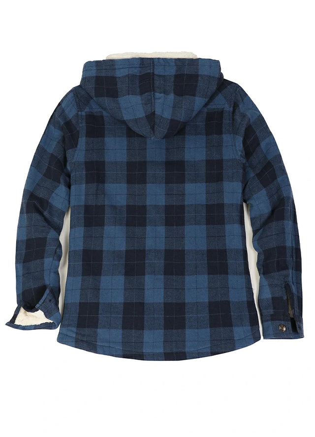 Back view of a women's black and blue sherpa lined plaid jacket with hood