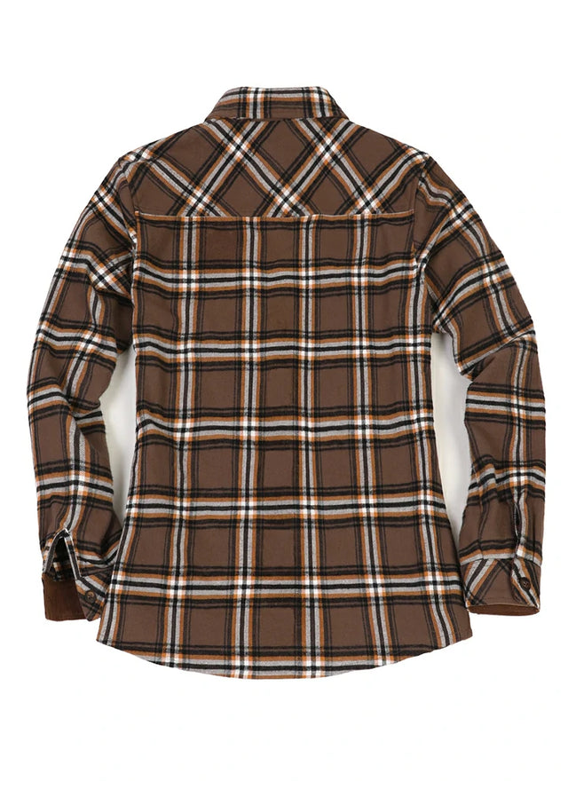 Back view of a women's chocolate flannel plaid shirt with button down