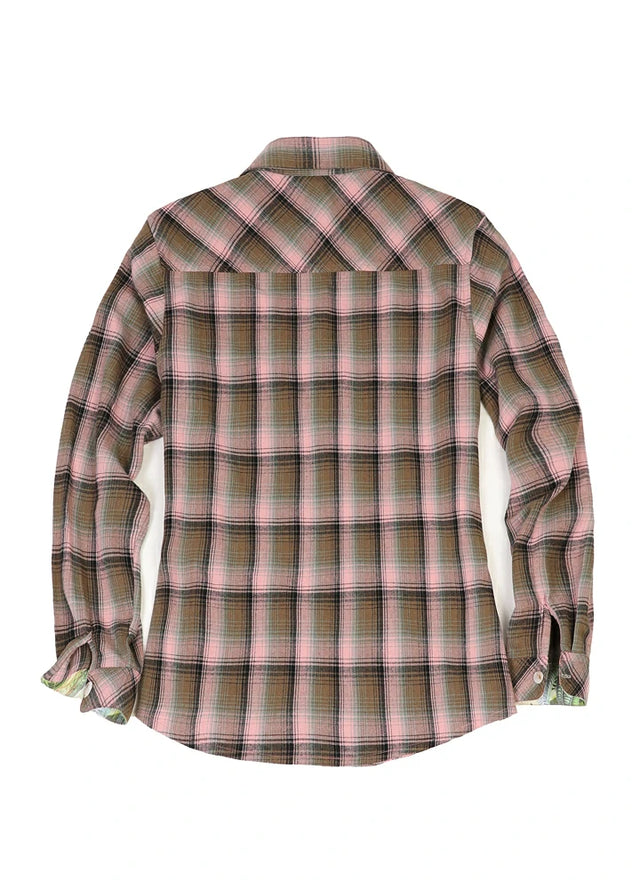 Back view of a women's cotton pink flannel plaid shirt with pocket