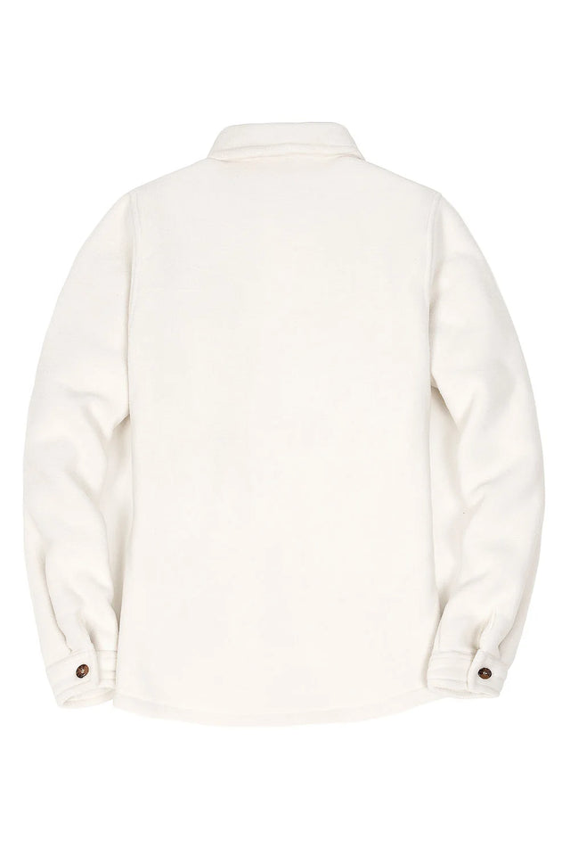 Back view of a women's cream button down soft fleece shirt jacket