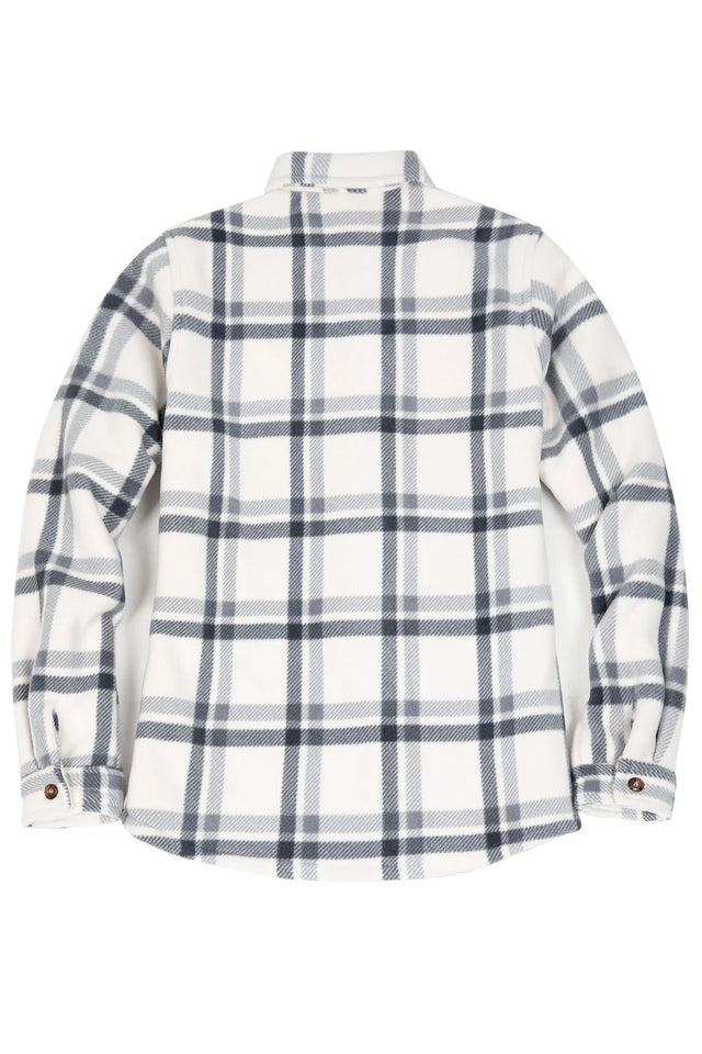 Back view of a women's white warm plaid shacket with sherpa lined