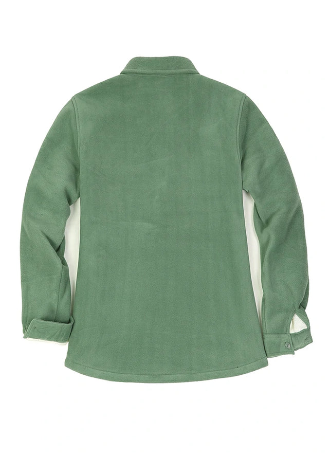 Back view of a women's forest green button down soft fleece shirt jacket