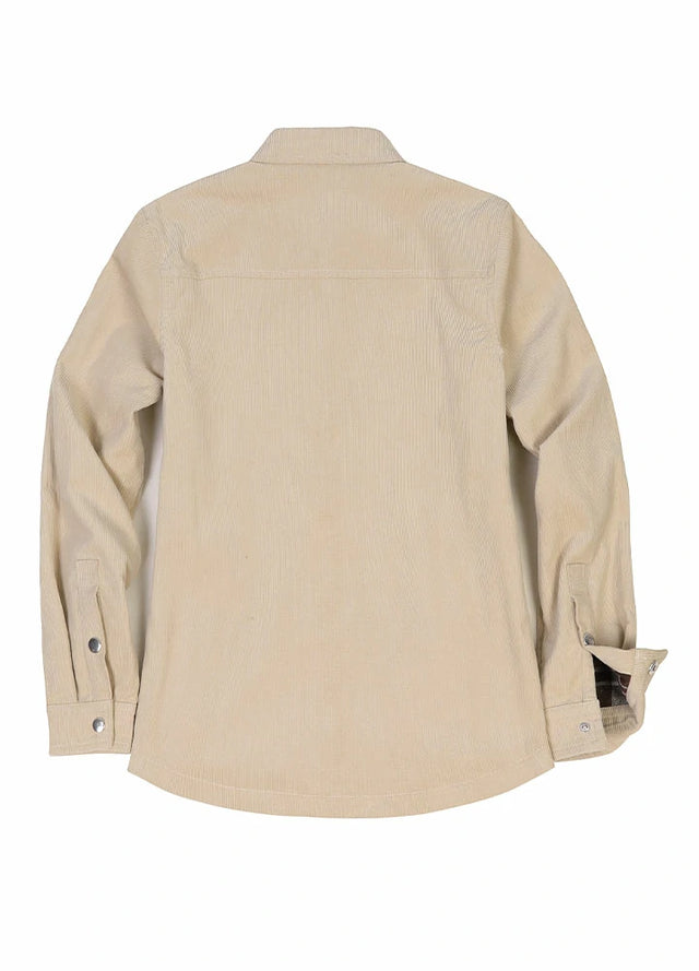 Back view of a women's light khaki corduroy shirt jacket