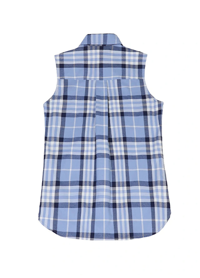 Back view of a women's lightweight soft snap-button blue plaid vest