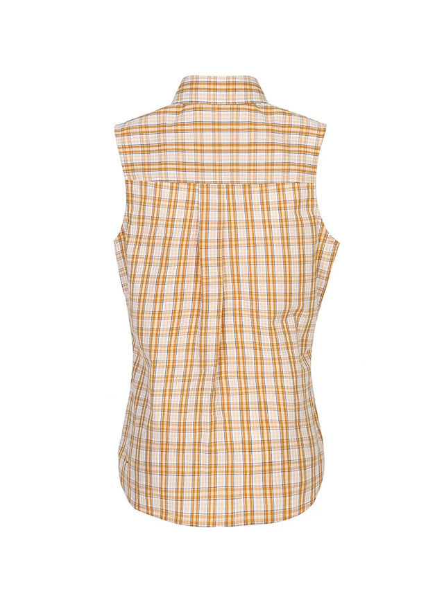 Back view of a women's lightweight soft snap-button orange white plaid vest