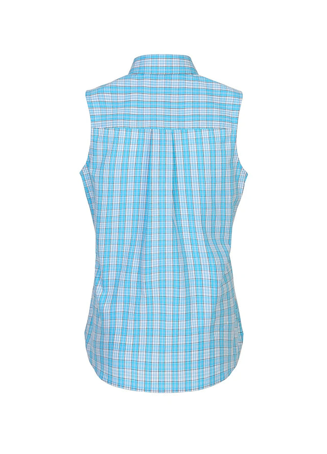 Back view of a women's lightweight soft snap-button baby blue plaid vest