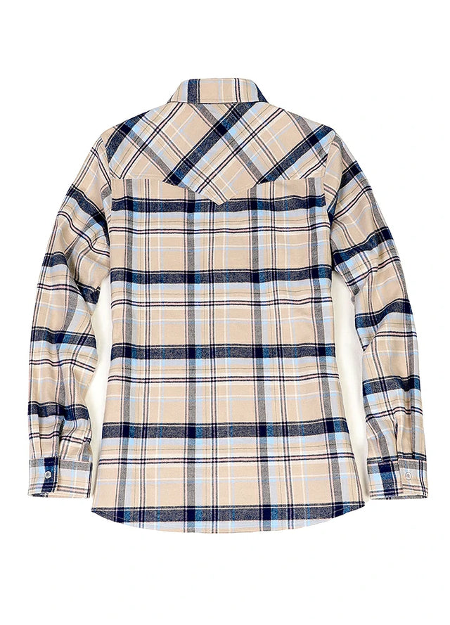 Back view of a women's long-sleeves khaki navy western flannel plaid shirt