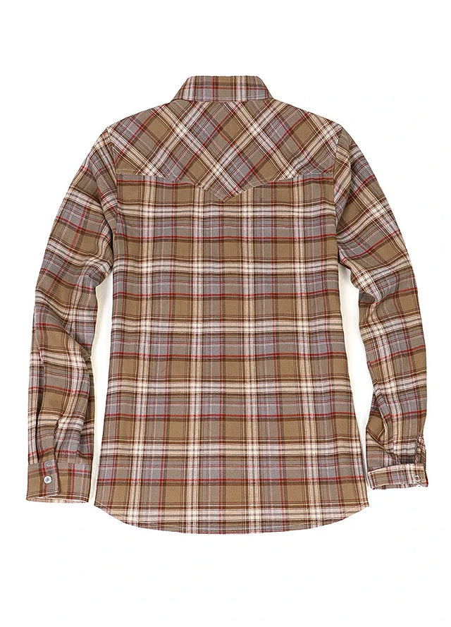 Back view of a women's long-sleeves chocolate western flannel plaid shirt