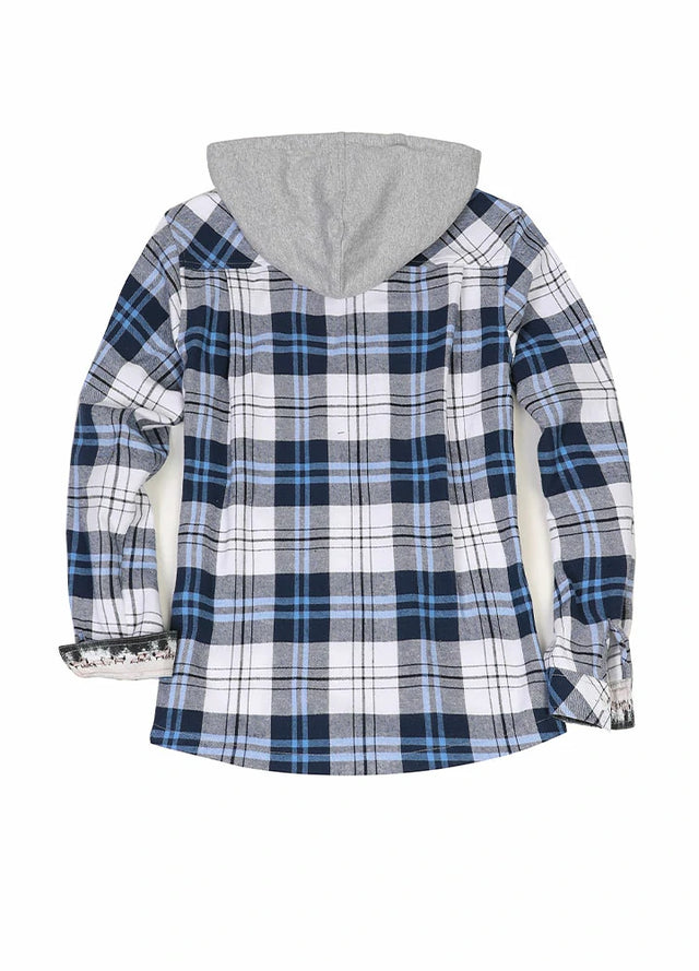 Back view of a women's long sleeves white blue plaid flannel hooded with button