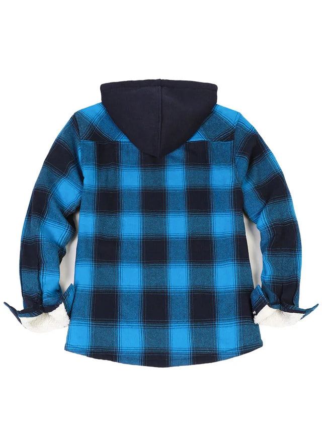 Back view of a women's blue plaid zip up plaid jacket with fleece hood