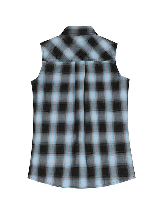 Back view of a women's soft cozy snap-button blue black plaid vest
