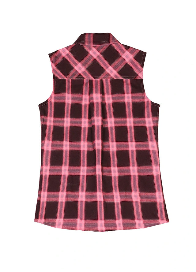 Back view of a women's soft cozy snap-button pink black plaid vest