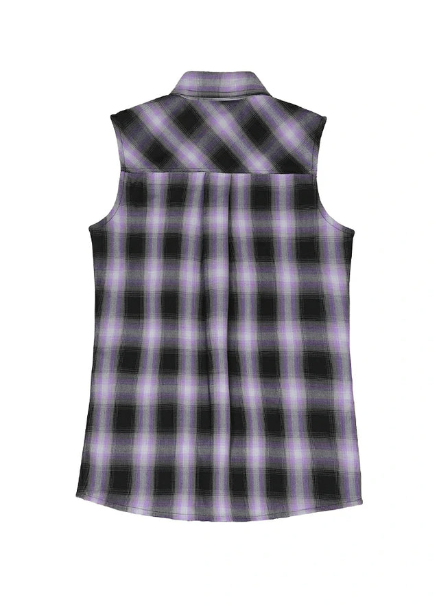 Back view of a women's soft cozy snap-button purple black plaid vest