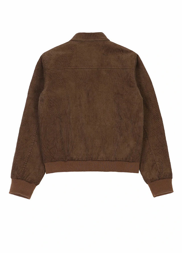 Back view of a women's vintage brown zip up corduroy jacket with long sleeves