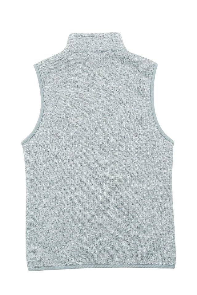 Back view of a womens green gray cozy sweater fleece vest with zip-up