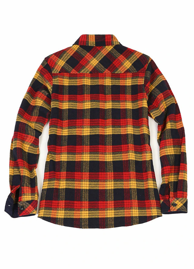 Back view of a womens red black flannel plaid shirt with button down