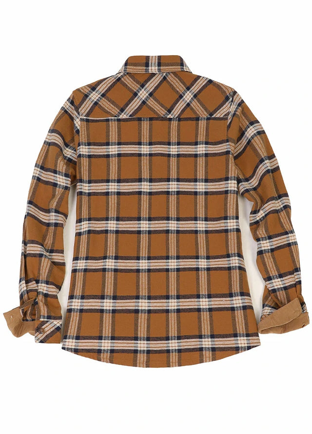 Back view of a womens brown flannel plaid shirt with button down