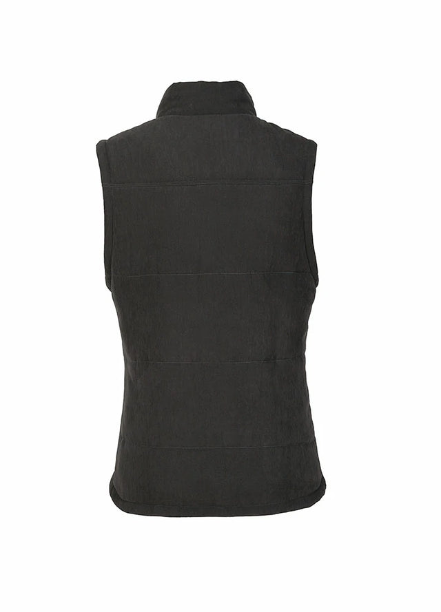 Back view of a womens black warm puffer vest with flannel lining