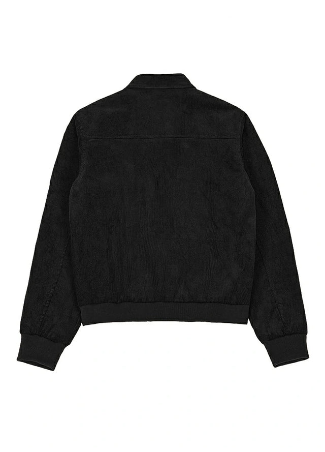 Back view of a womens black zip up corduroy jacket with long sleeves