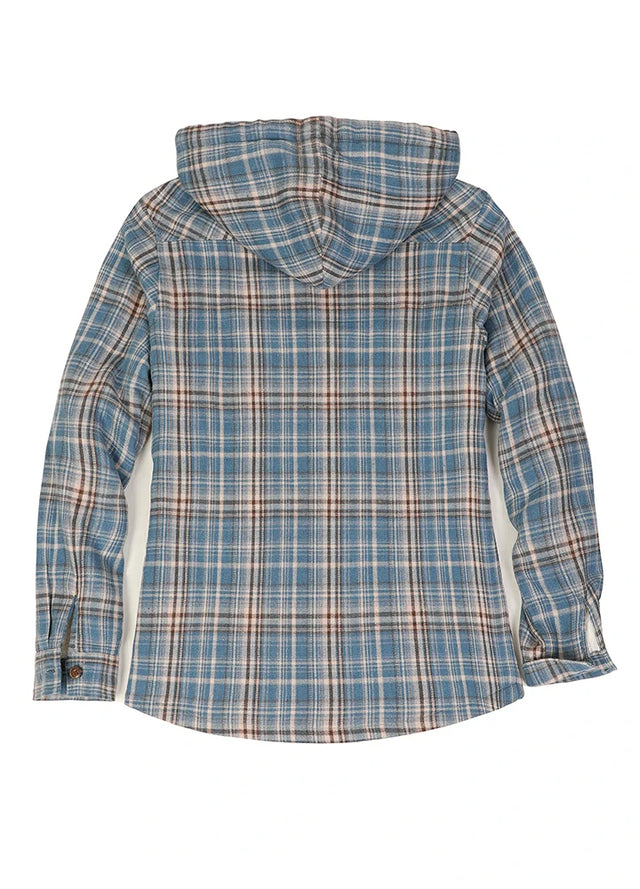 Back view of a womens blue beige winter flannel plaid jacket with hood