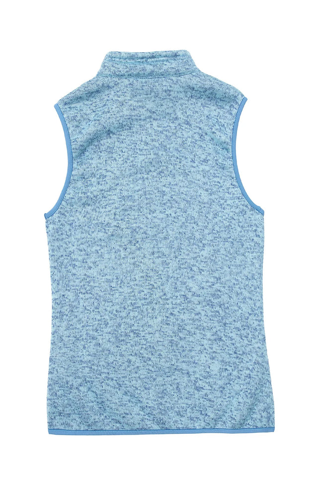 Back view of a womens baby blue cozy sweater fleece vest with zip-up