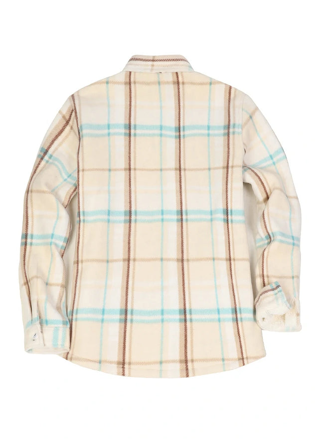 Back view of a womens cream warm plaid shacket with sherpa lined