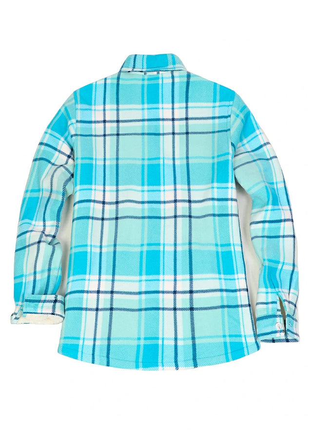 Back view of a womens blue warm plaid shacket with sherpa lined