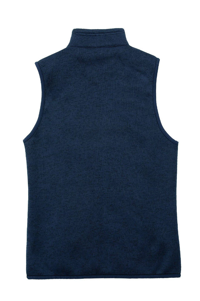 Back view of a womens navy blue cozy sweater fleece vest with zip-up