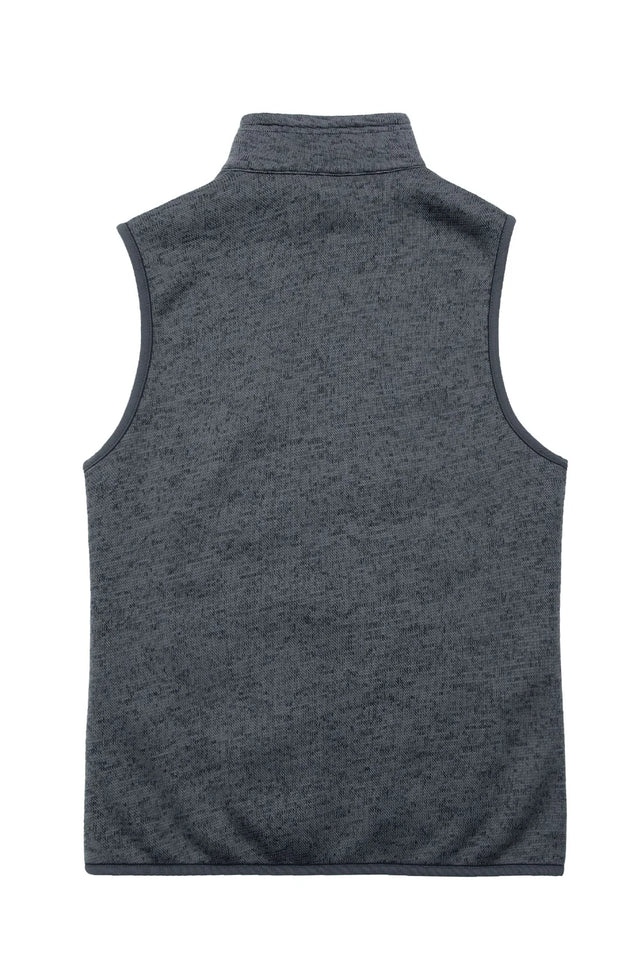 Back view of a womens dark gray cozy sweater fleece vest with zip-up