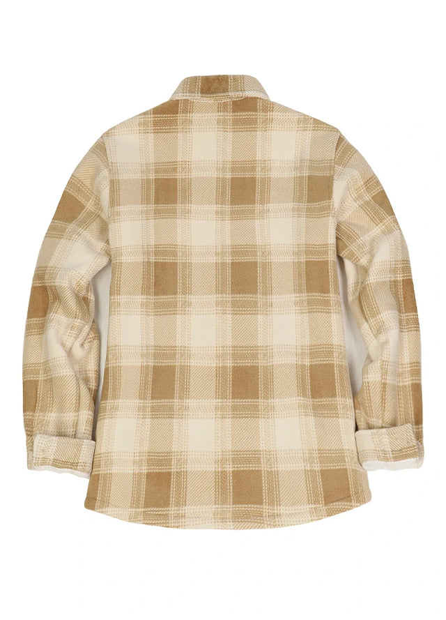 Back view of a womens yellow warm plaid shacket with sherpa lined