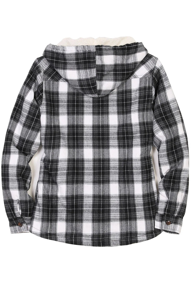 Back view of a womens gray and white long sleeves soft plaid jacket with hood