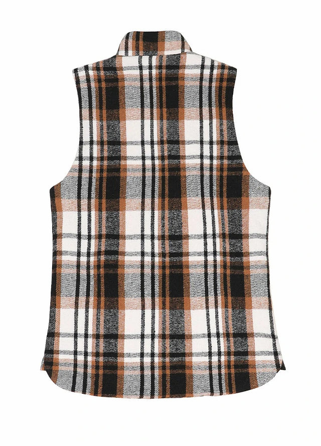 Back view of a womens black white winter warm snap button plaid vest
