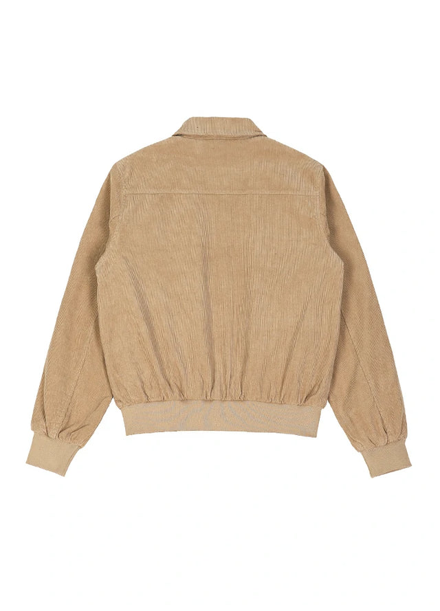 Back view of a womens khaki zip up corduroy jacket with long sleeves