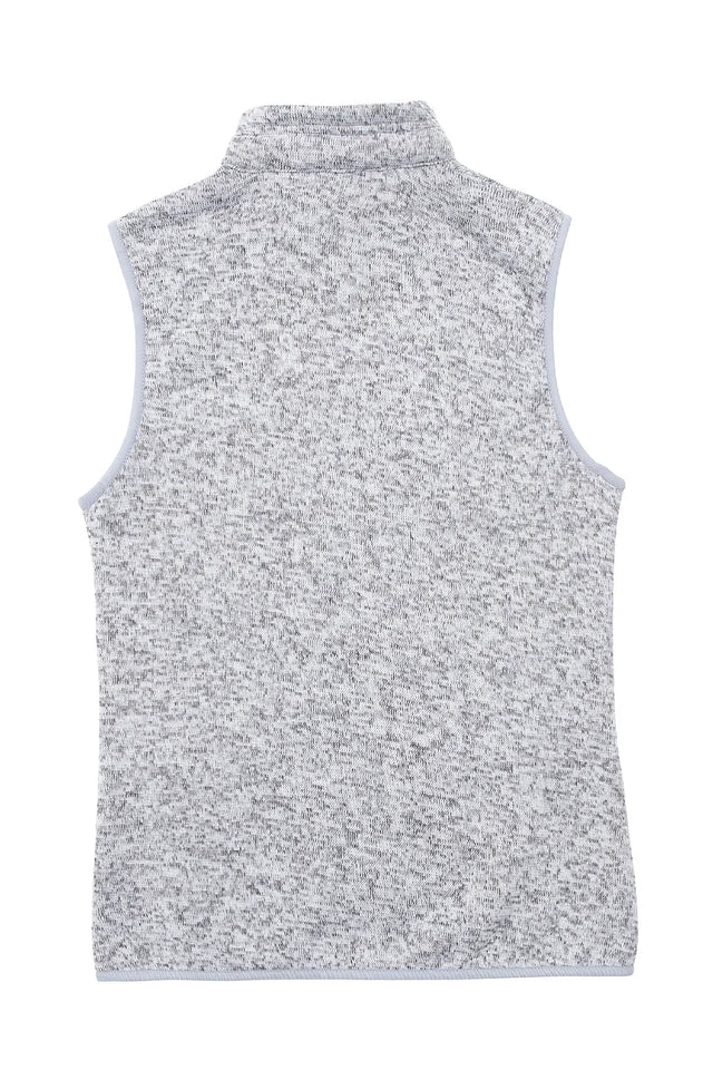 Back view of a womens light gray cozy fleece vest with zip-up