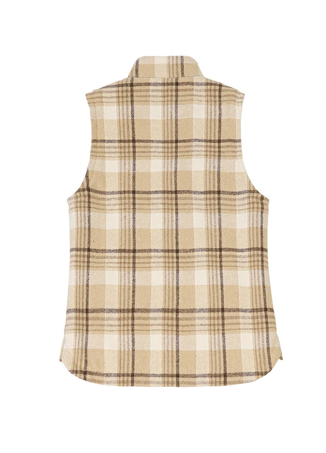 Back view of a womens light khaki winter warm snap button plaid vest