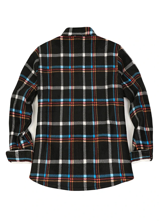 Back view of a womens black warm plaid shacket with sherpa lined