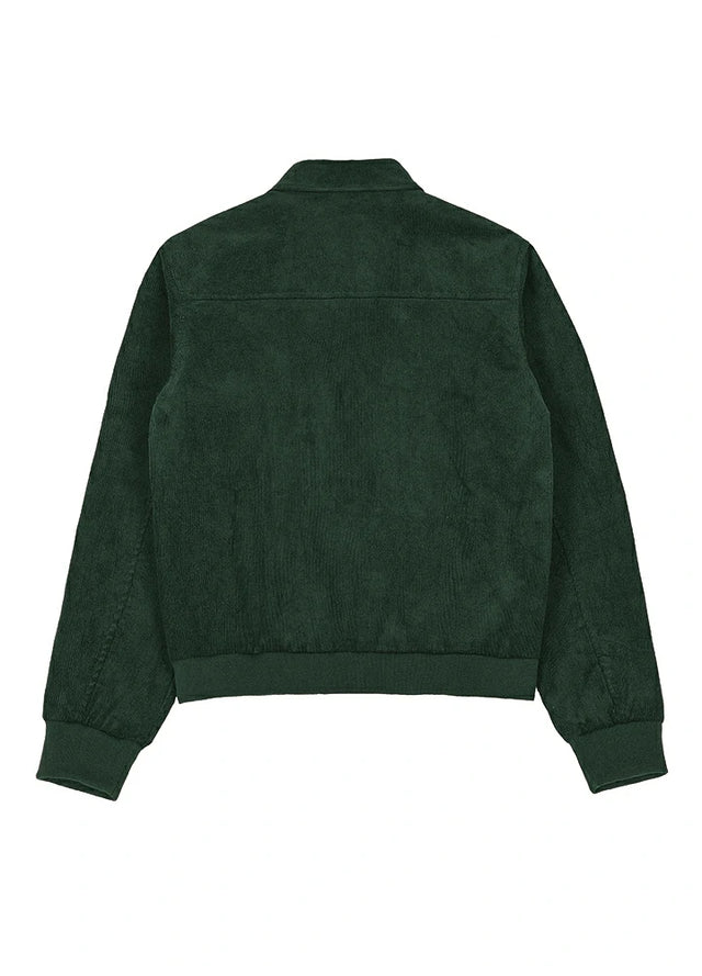 Back view of a womens dark green zip up corduroy jacket with long sleeves