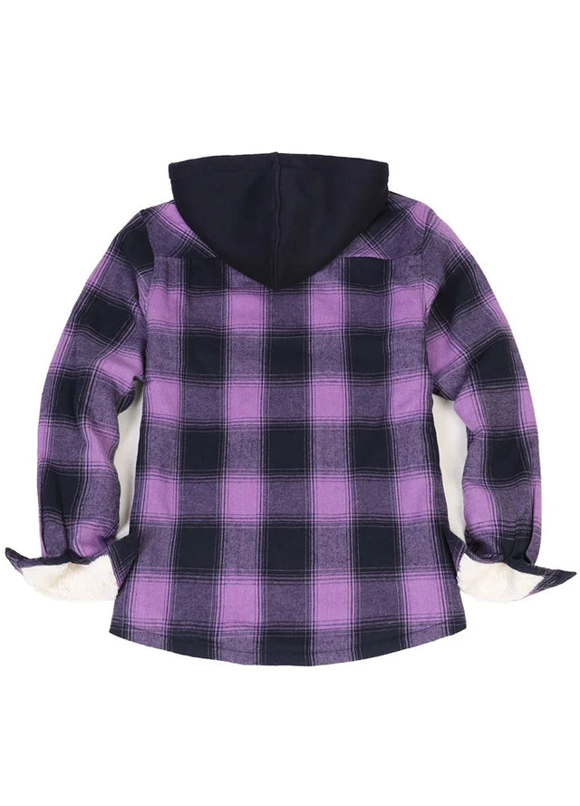 Back view of a womens purple long sleeves plaid jacket with fleece hood