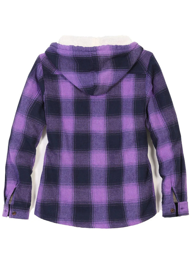 Back view of a womens purple long sleeves soft flannel plaid jacket with hood