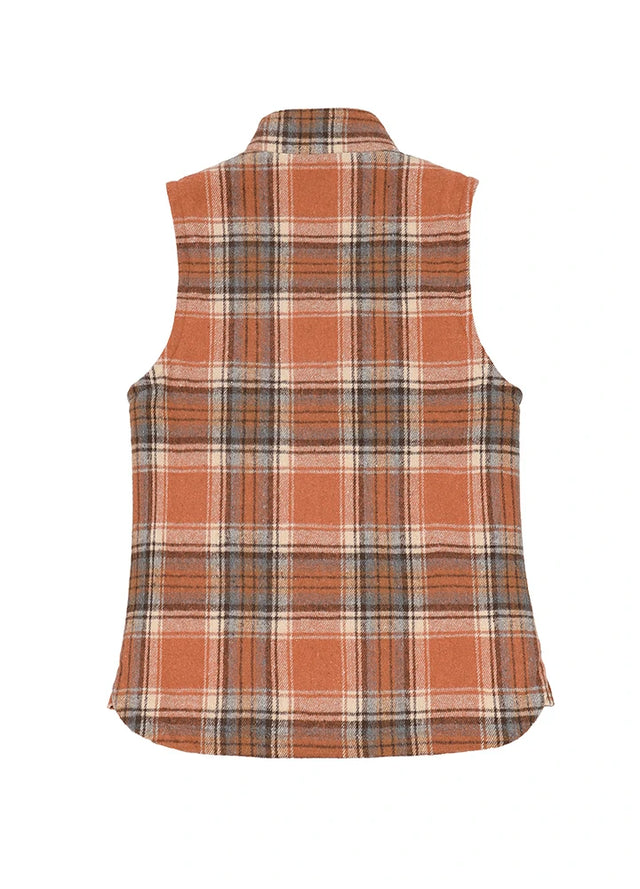 Back view of a womens orange winter warm snap button plaid vest