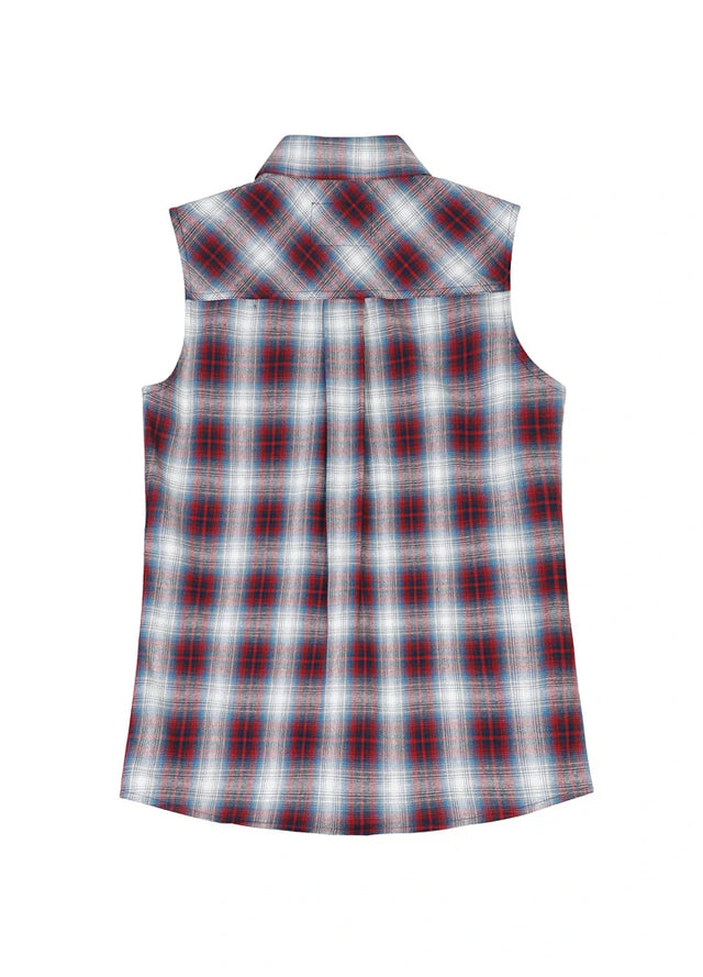 Back view of a womens soft cozy snap-button red white plaid vest