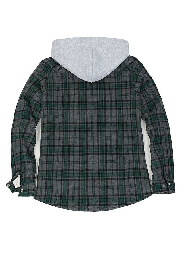 Back view of a womens soft sherpa lined green grey flannel hooded