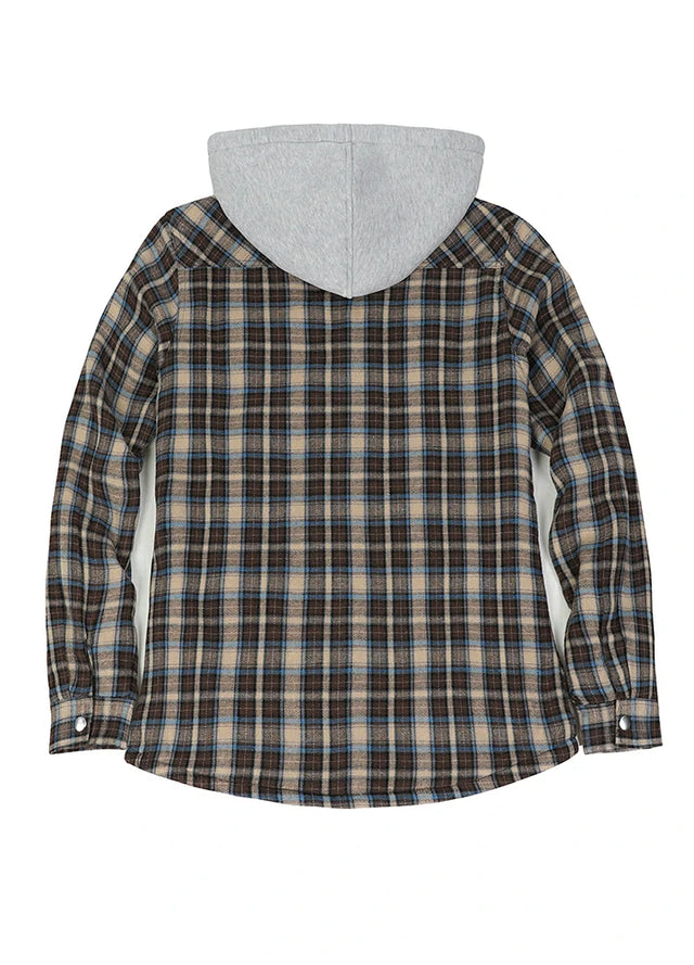 Back view of a womens soft sherpa lined khaki brown flannel hooded