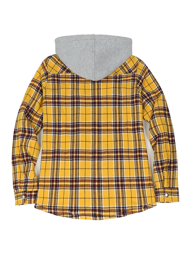 Back view of a womens soft sherpa lined light yellow flannel hooded