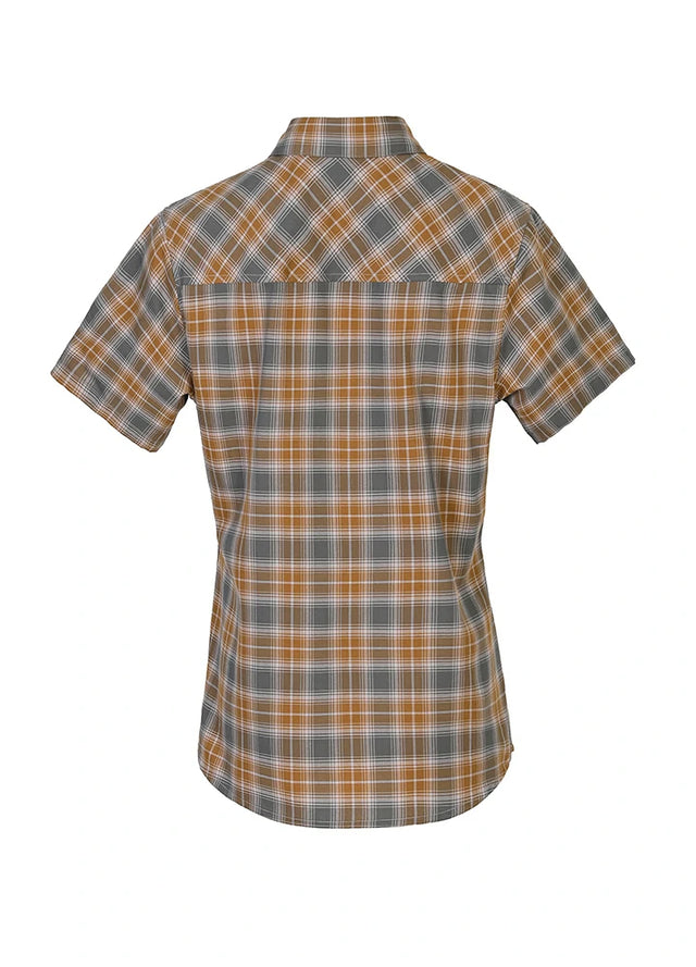Back view of a womens summer brown gray plaid short sleeves shirt
